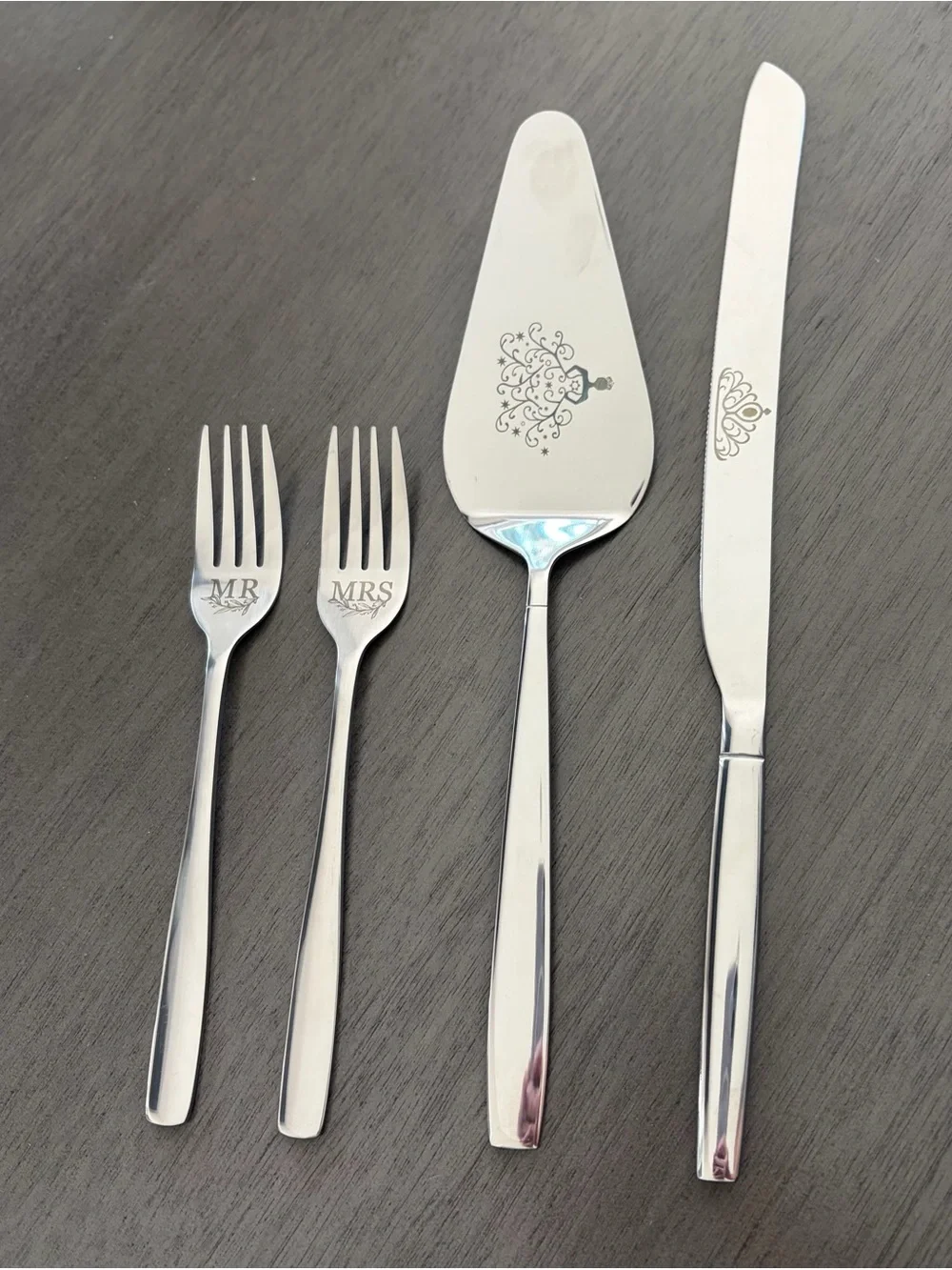 Wedding Mr & Mrs Stainless Steel Silver Cake Server & Fork Set - Silver